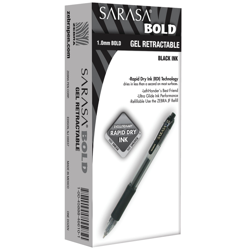 Zebra Pen SARASA Retractable Gel Pens, Pack Of 12, Bold Point, 1.0 mm, Clear Barrel, Black Ink (Min Order Qty 5) MPN:46610