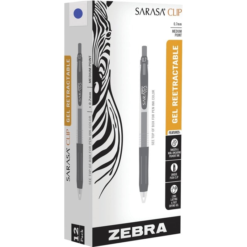 Zebra Pen Sarasa Clip Gel Ink Retractable Pens, 0.7 mm, Medium Point, Clear/Blue Barrel, Blue Ink, Set Of 12 Pens (Min Order Qty 3) MPN:48720