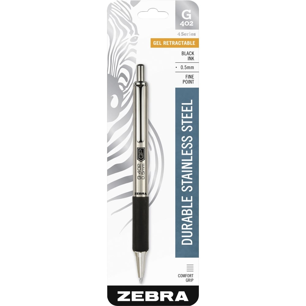 Zebra STEEL 4 Series G-402 Retractable Gel Pen - Fine Pen Point - 0.5 mm Pen Point Size - Retractable - Black Gel-based Ink - Stainless Steel Barrel - 1 Each (Min Order Qty 14) MPN:49211