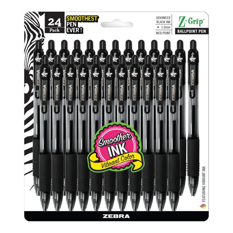 Zebra Pen Z-Grip Retractable Ballpoint Pens, Pack Of 24, Medium Point, 1.0 mm, Clear Barrel, Black Ink (Min Order Qty 7) MPN:12221