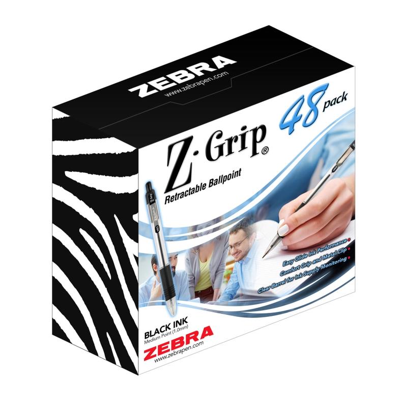 Zebra Pen Z-Grip Retractable Ballpoint Pens, Pack Of 48, Medium Point, 1.0 mm, Clear Barrel, Black Ink (Min Order Qty 4) MPN:22148