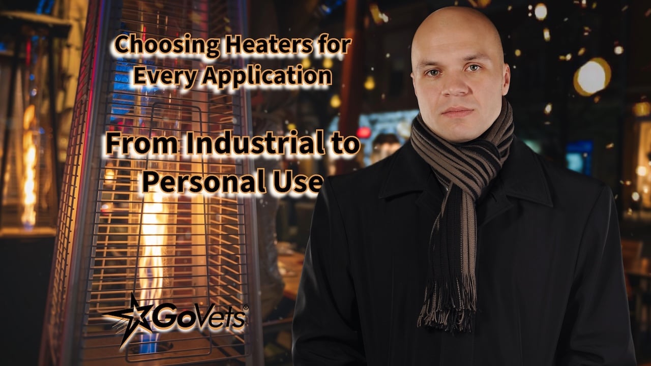 man in black jacket scarf in front of outdoor area heater - choosing heaters for every application industrial to personal use