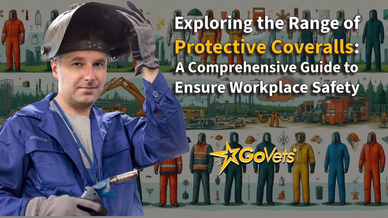 Protective Coveralls - man in welding suit in front of protective coverall diagram for various coveralls