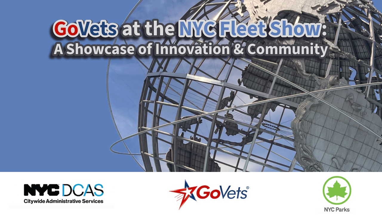 Picture of unisphere with logos of govets and dcas and nyc parks - title of govets at nyc fleet show