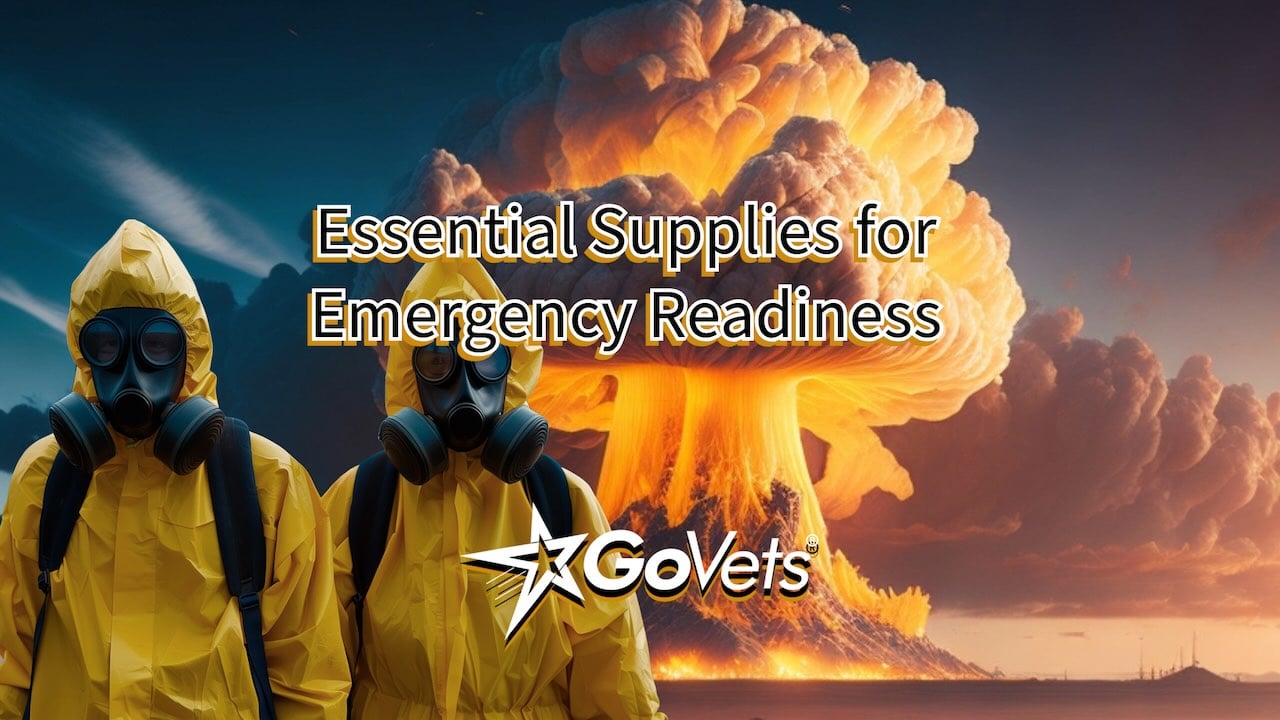 Nuclear incident - 2 people in protective coveralls with nuclear blast in background - govets