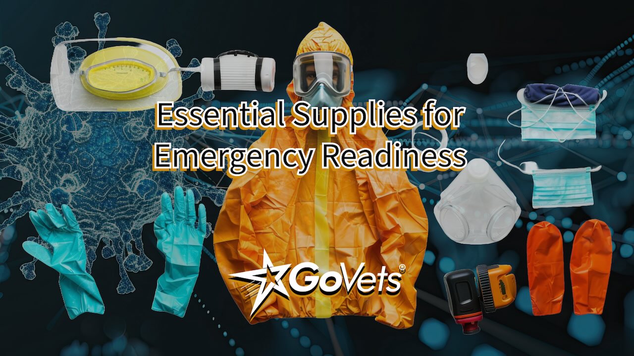 pandemic - readiness supplies - ppe - safety gear - masks - gloves - coveralls - virus background - govets