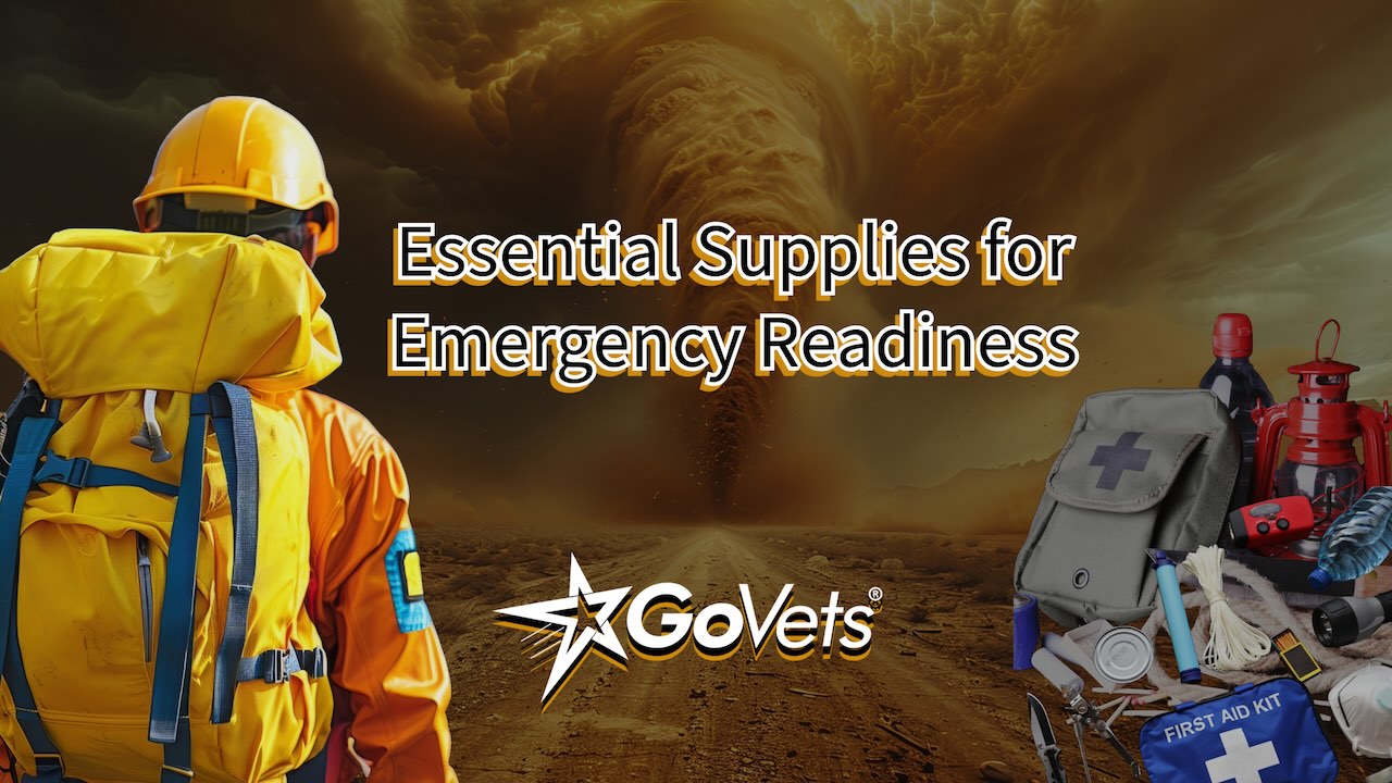 Emergency readiness with GoVets - emergency personnel in safety gear with supply options in front of a tornado sand storm