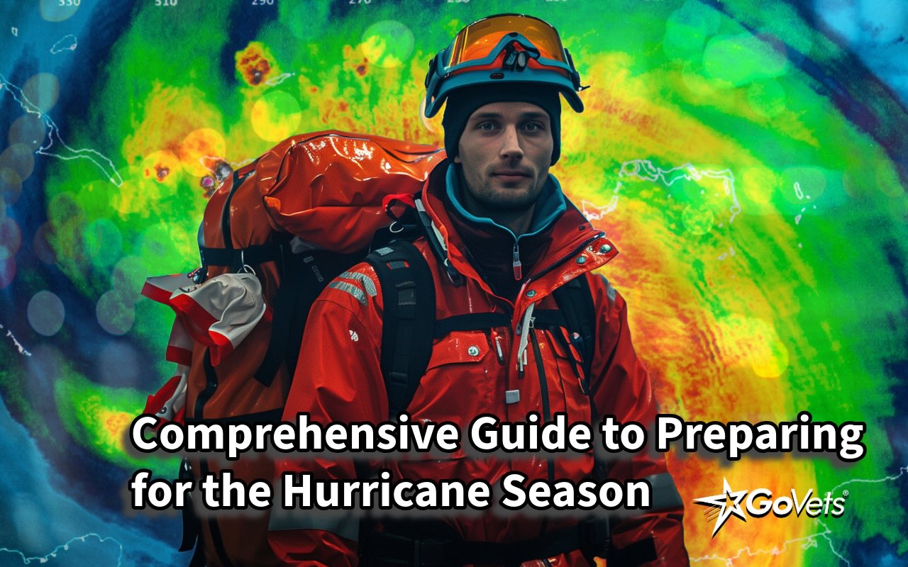 Preparing for the hurricane season - man - in safety emergency gear - orange - in front of hurricane