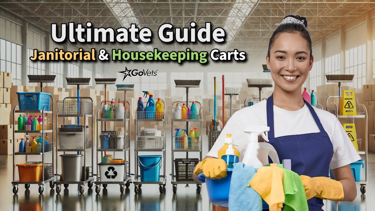 Various janitorial and housekeeping carts, including standard janitorial carts, housekeeping carts, compact carts, recycling carts, and specialty carts, neatly arranged with cleaning supplies and tools, showcasing their storage and organizational