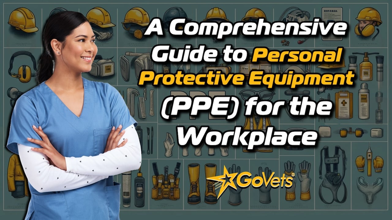 Woman in medical profession looking at PPE board with different personal protective equipment items.